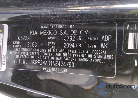 2022 Kia Forte Lxs z USA, uszkodzony, nr VIN 3KPF24AD1NE474793